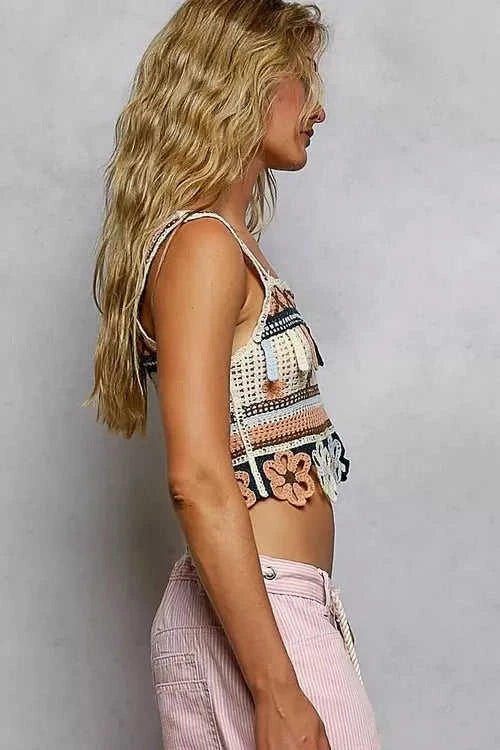 Cutout Flower Crochet Cami with Dangle Detail for Stylish Summer Look Eco My Home Tank Top Salty Season LLC ecomyhome.store United States