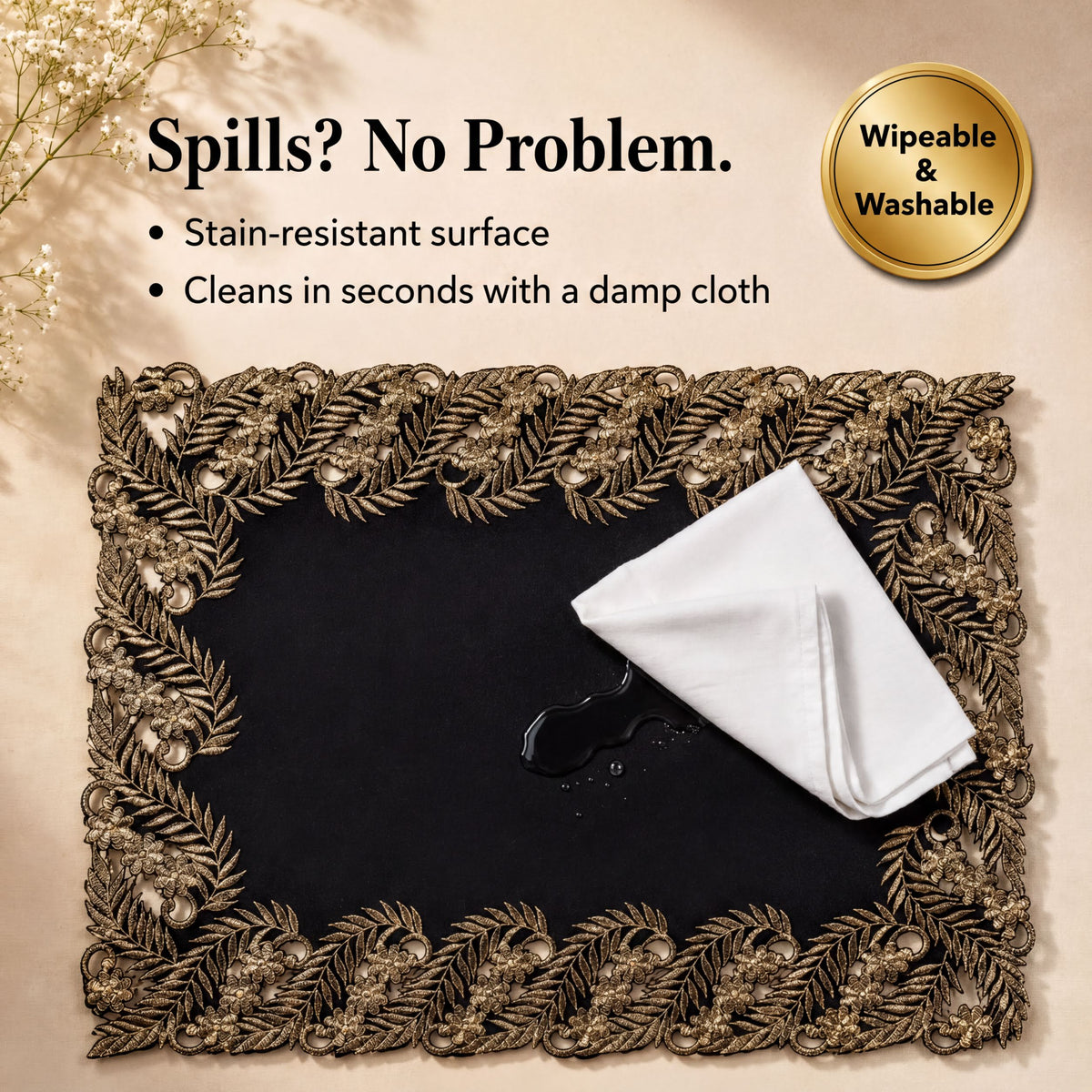 Black Gold Placemats – Ebony Bloom, 12x18 Inch