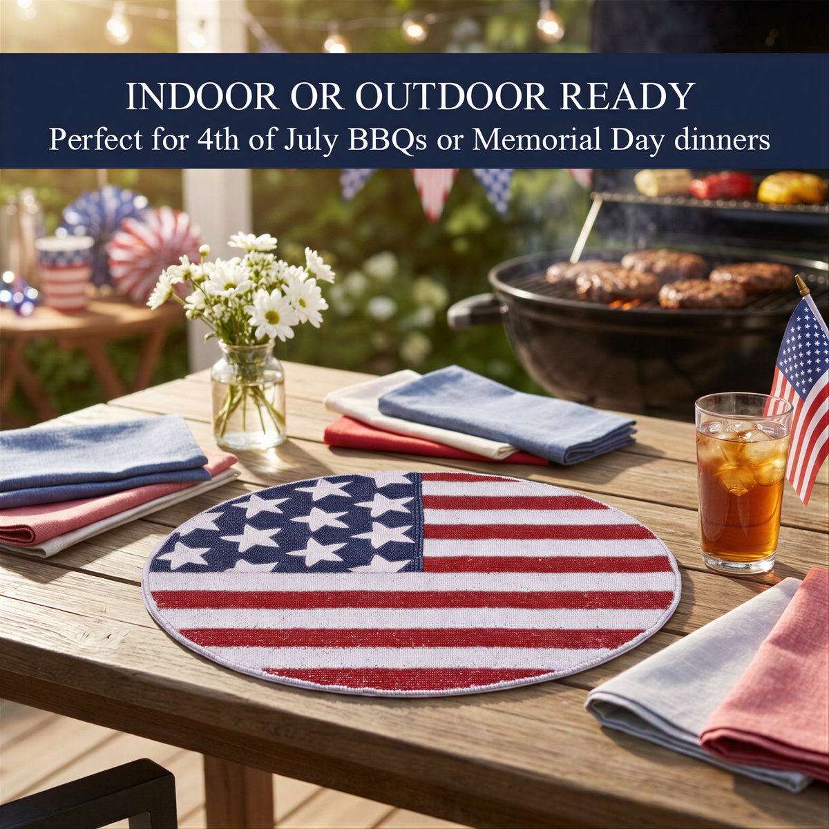 USA Flag Placemats – Round Beaded Placemats with Satin Backing | Handmade Table Decor