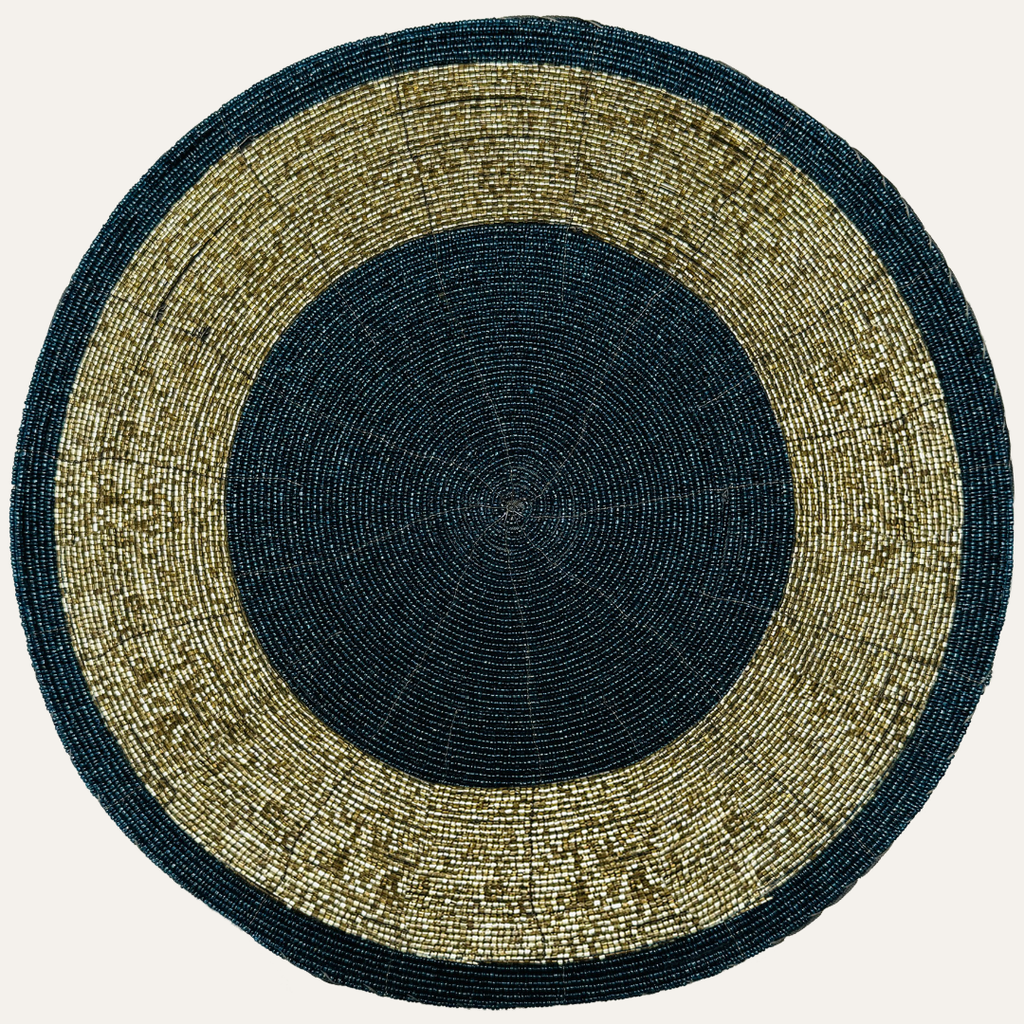 Midnight Dusk – Round Beaded Placemats, Dark Blue and Gold Elegant Heat-Resistant Table Mats 14 inch