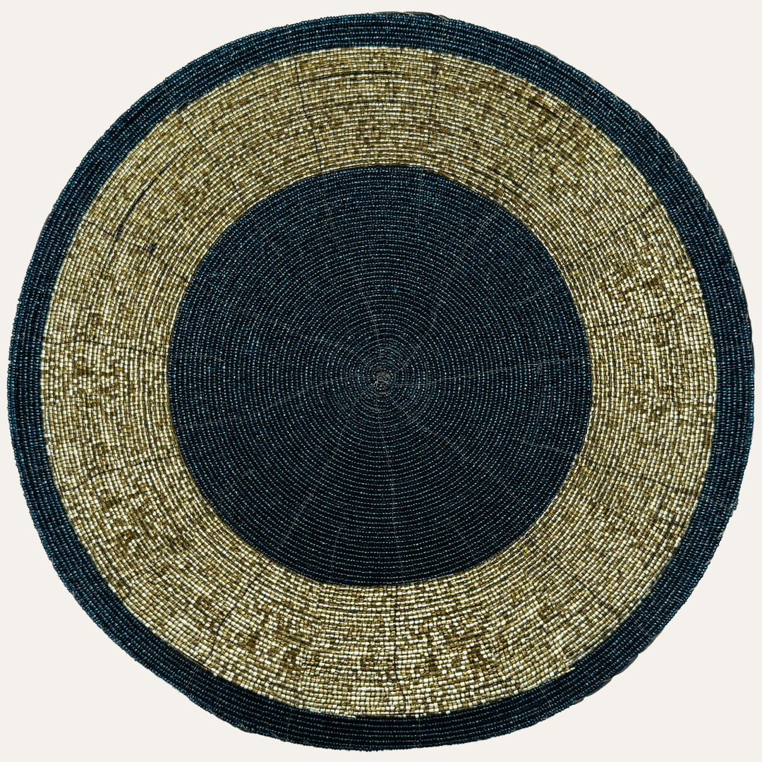 Midnight Dusk – Round Beaded Placemats, Dark Blue and Gold Elegant Heat-Resistant Table Mats 14 inch