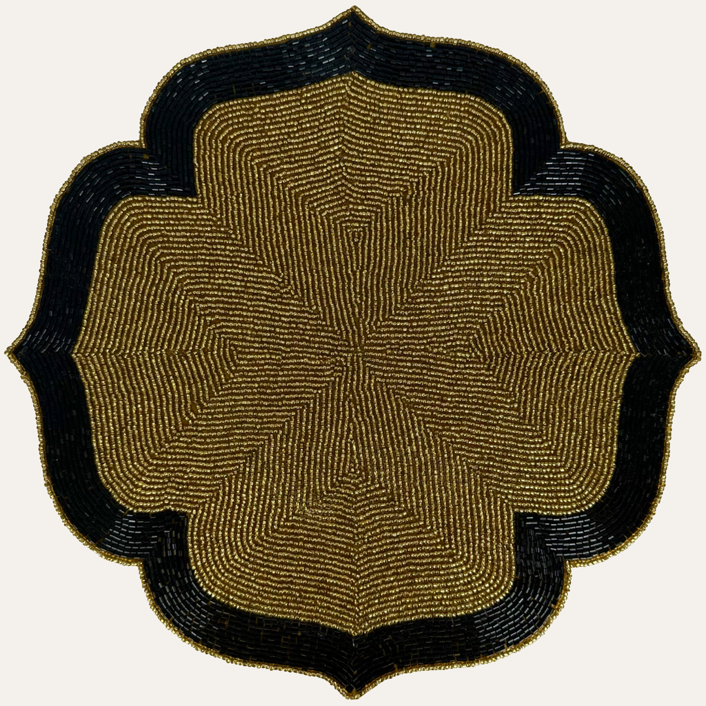 Midnight Ember – Beaded Placemats in Gold and Black Artistic Heat-Resistant Dining Table Décor 14 inch