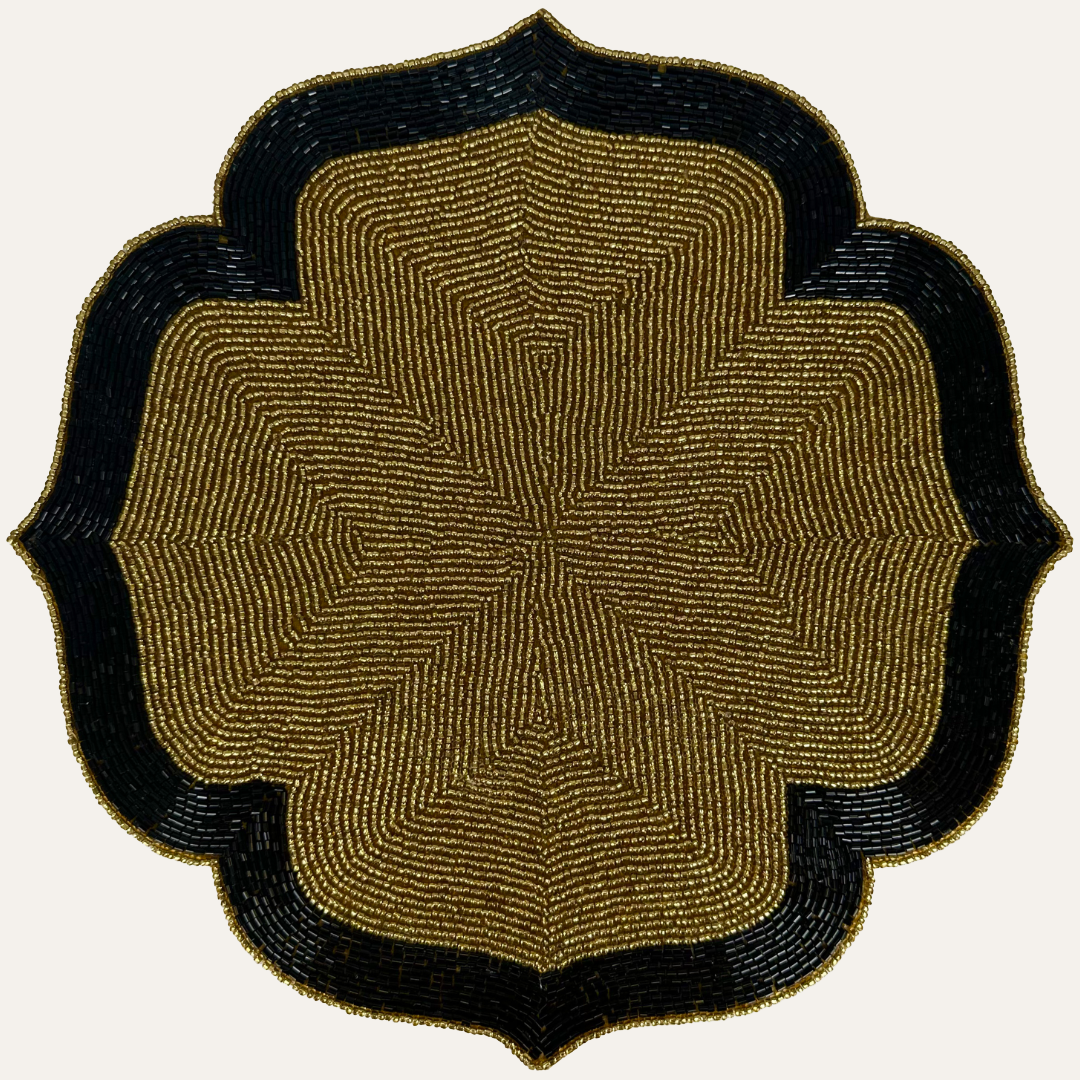 Midnight Ember – Beaded Placemats in Gold and Black Artistic Heat-Resistant Dining Table Décor 14 inch