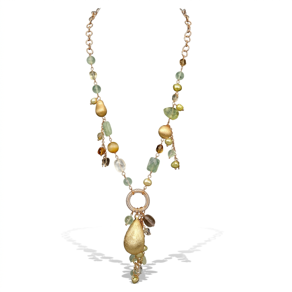 Grounded Gemstone Pearl Lariat Necklace