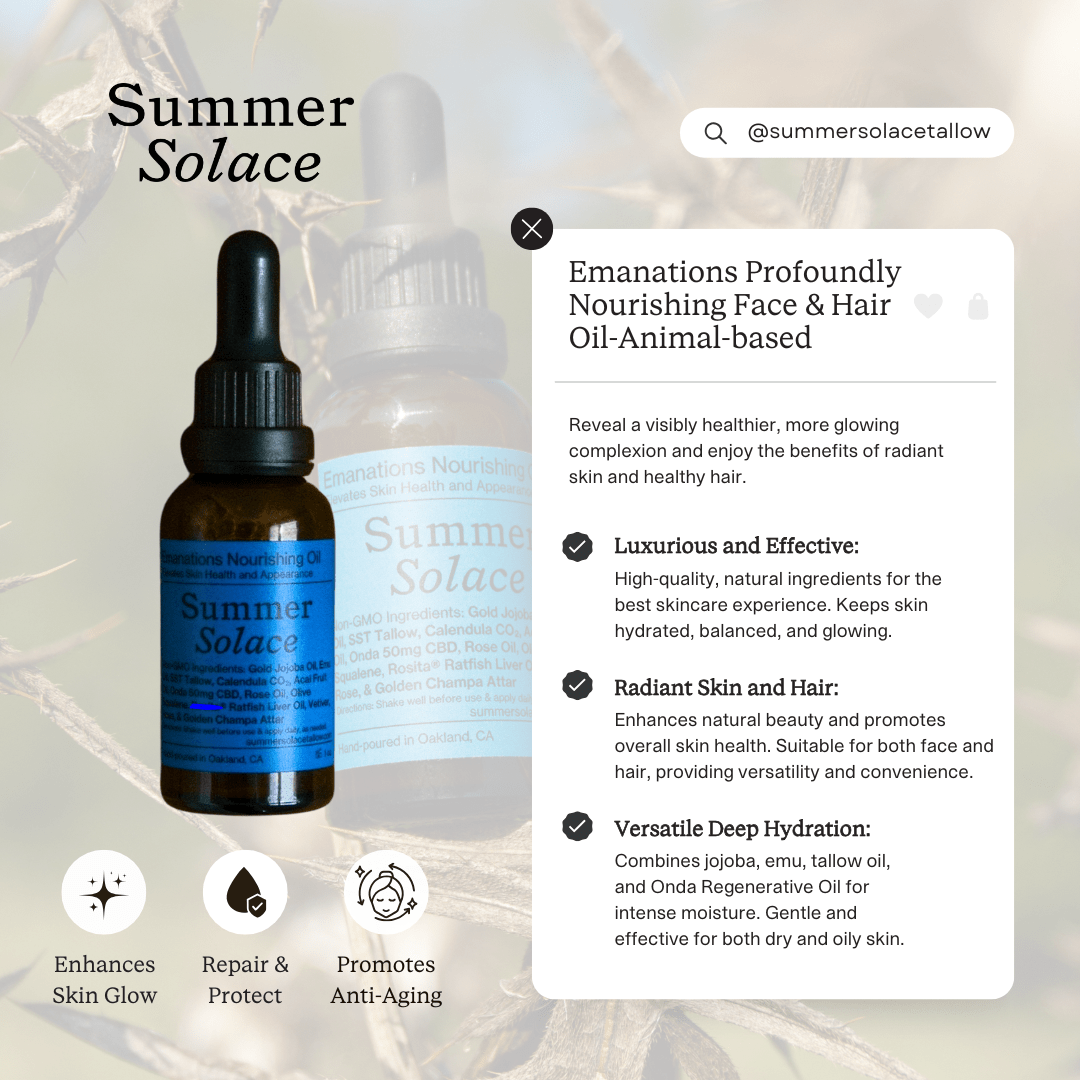 Emanations Tallow & Emu Face Oil | Sea Buckthorn & Floral Attars | Dry, Sensitive & Mature Skin