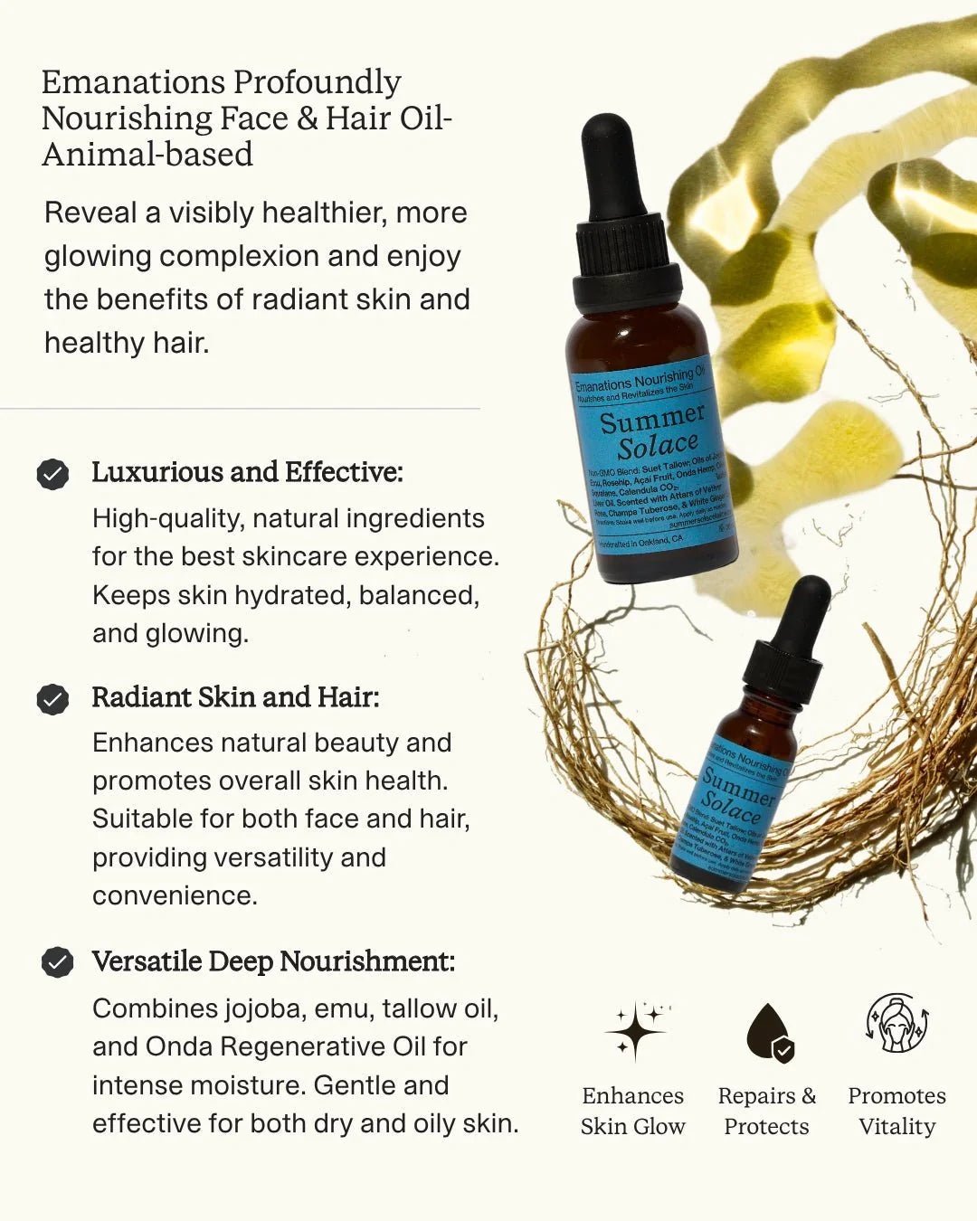 Emanations Tallow & Emu Face Oil | Sea Buckthorn & Floral Attars | Dry, Sensitive & Mature Skin