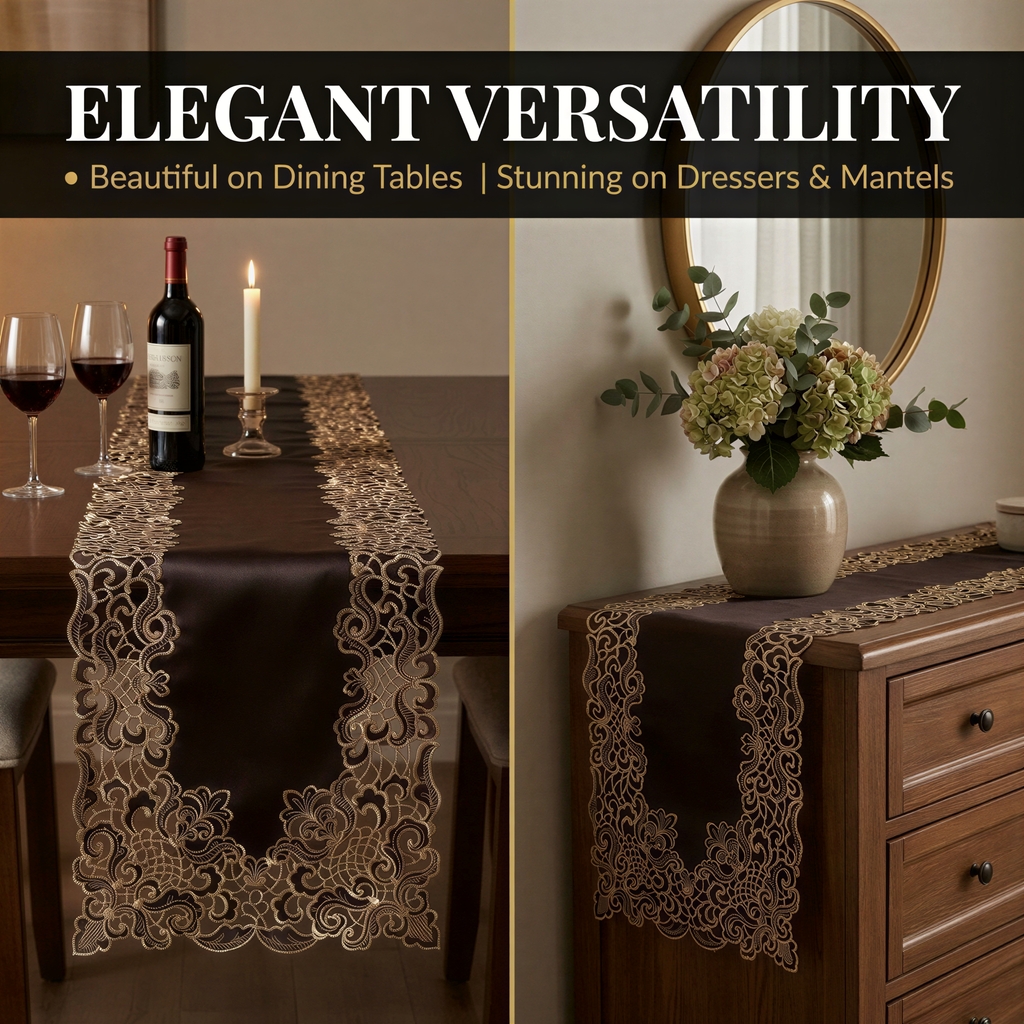 Black Gold Table Runner – Granada Collection Rustic Embroidered Linen Decor 14x108 Inch