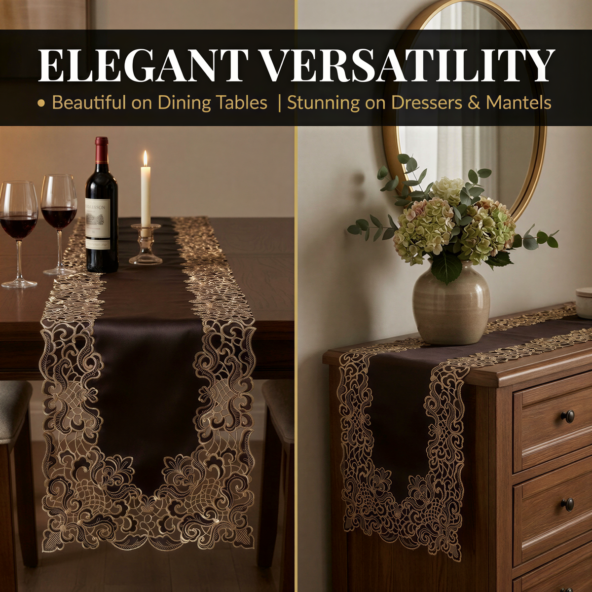 Black Gold Table Runner – Noir Luxe, 14x108 Inch