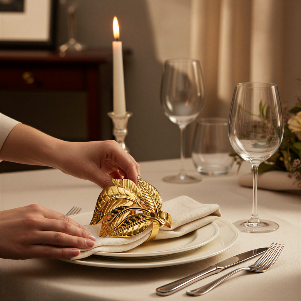 Gold Leaf Napkin Rings – Elegant Table Decor Rings | Durable Metal Set