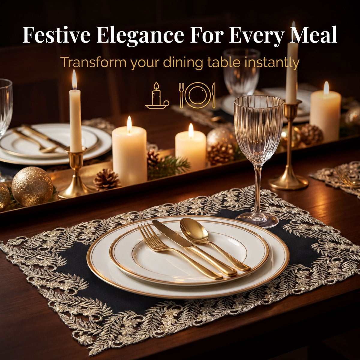 Black Gold Placemats – Ebony Bloom, 12x18 Inch