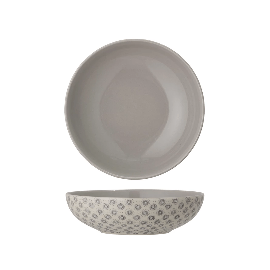 Stoneware Bowl with Grey Hand-Stamped Pattern