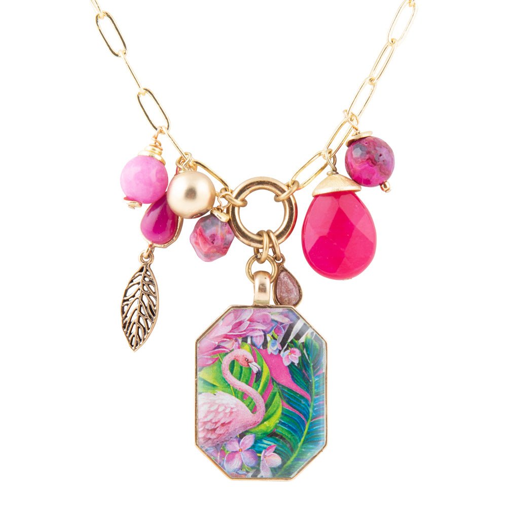 Flamingo Pink Agate Golden Pendant Necklace