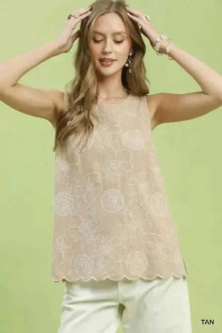 Floral Embroidered Sleeveless Linen Top Eco My Home top Salty Season LLC ecomyhome.store United States