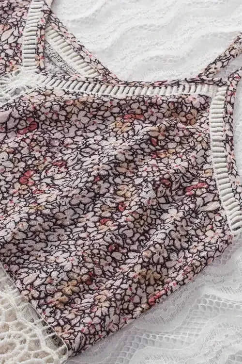 Floral Print Cami Top with Crochet Trim and Spaghetti Straps Eco My Home Shirt Salty Season LLC ecomyhome.store United States