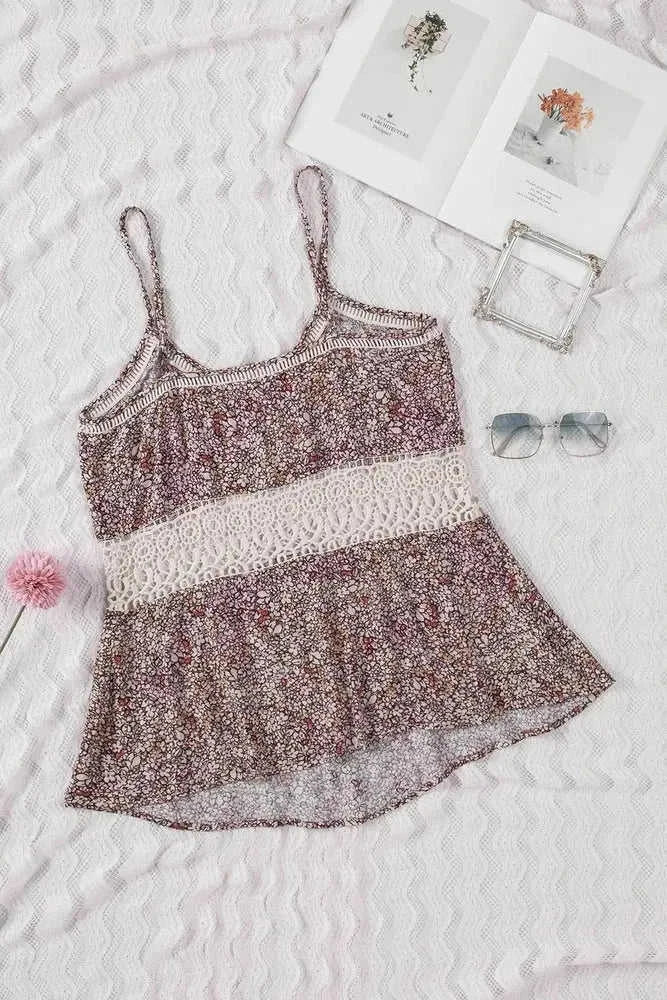 Floral Print Cami Top with Crochet Trim and Spaghetti Straps Eco My Home Shirt Salty Season LLC ecomyhome.store United States