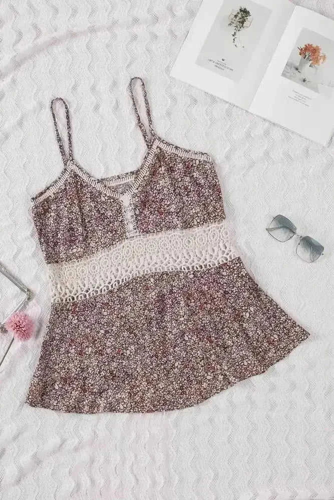 Floral Print Cami Top with Crochet Trim and Spaghetti Straps Eco My Home Shirt Salty Season LLC ecomyhome.store United States