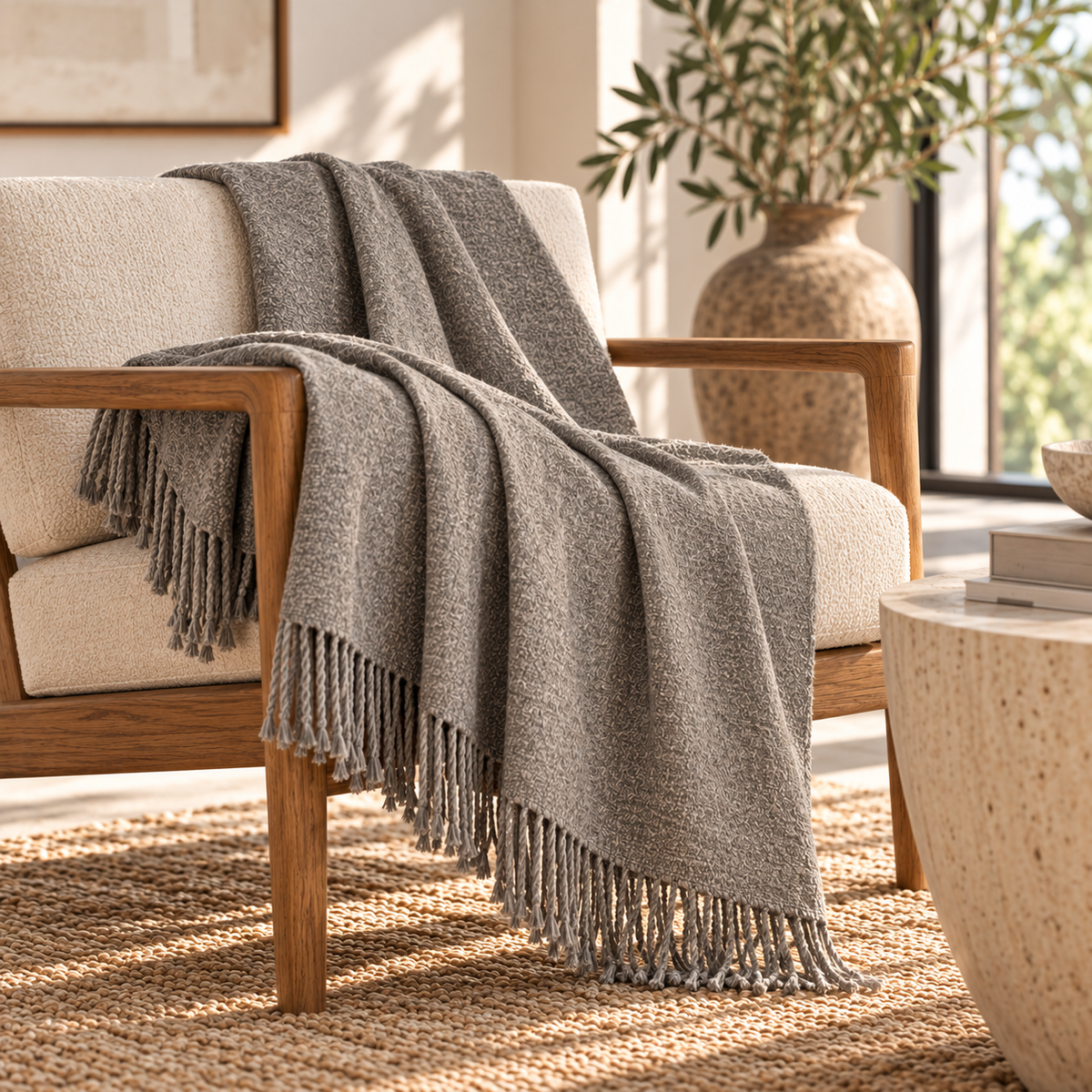 Handloomed Undyed Baby Alpaca & Peruvian Pima Cotton Throw Blanket | Graphite | Kulsi Collection