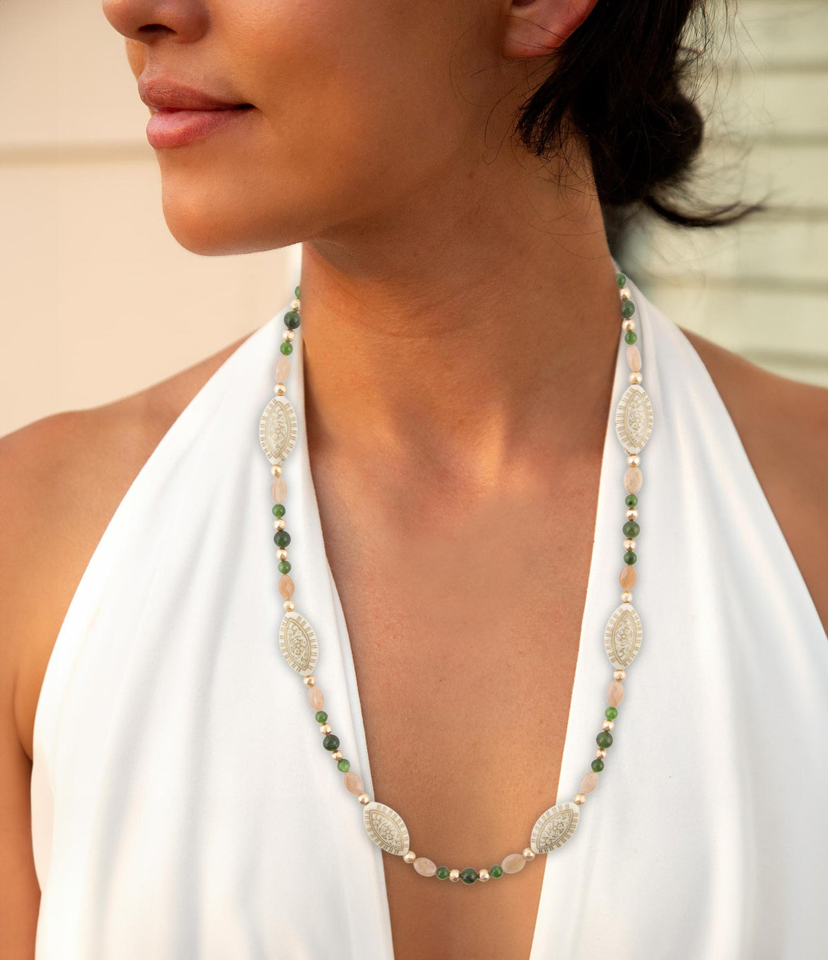 Green Jade and Pink Sunstone Golden Necklace