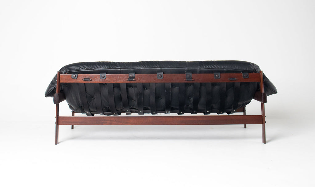 Brazilian Modern MP-41 Sofa in New Black leather and Brazilian Hardwood by Percival Lafer