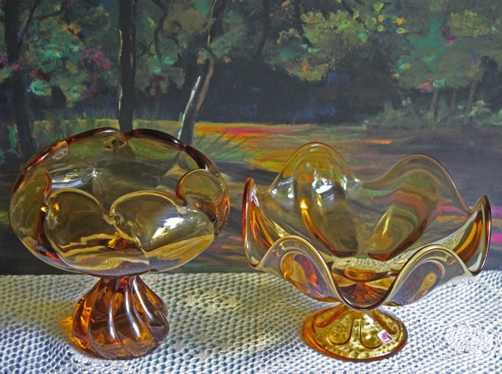 Candy Bowl.  Amber Glass Footed Bowl. Pinched Rim Bowl or Compote with Scalloped Rim and Ornate Foot. Glass Art Home Decor.