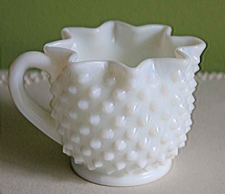 Vintage Milk Glass Creamer, Quilt Pattern Scalloped Edge