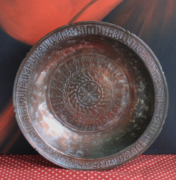 Antique Indian Hammered Copper Bowl – Large Hand-Pounded Tinned Rustic Pan
