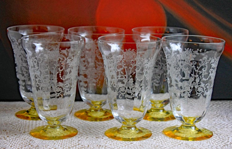 Vintage Fostoria Crystal Topaz Champagne Glasses. Light Yellow Depression Glass Low Sherbet Stemware. Gold Footed Glasses.  Set of Six.