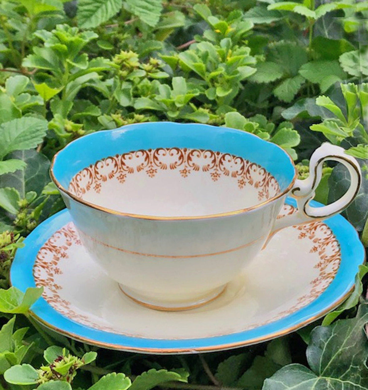 Antique Aynsley English Bone China Tea Cup & Saucer - Turquoise Floral, Cabbage Rose Pattern
