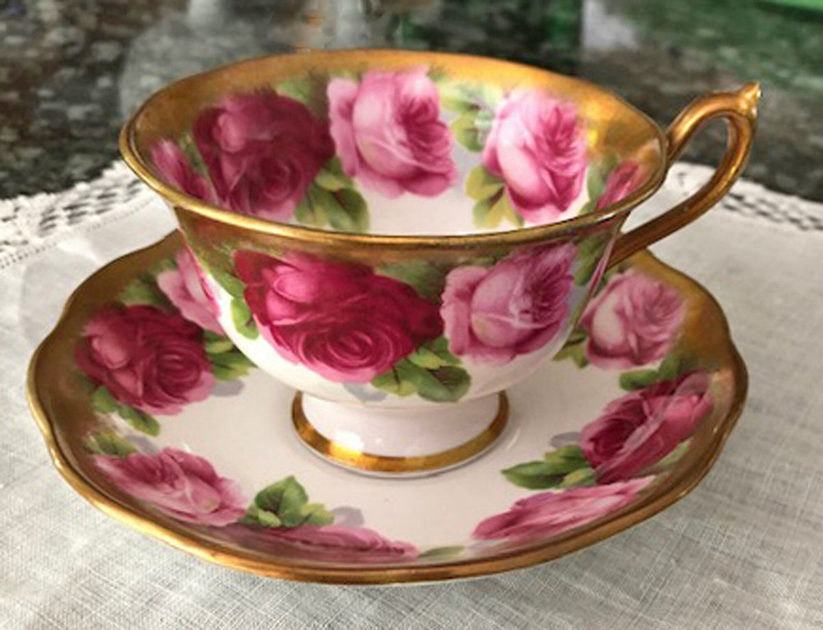 Royal Albert Set of Six Dessert Plates and One Serving Plate  with Old English Rose Pattern.  Made in England.