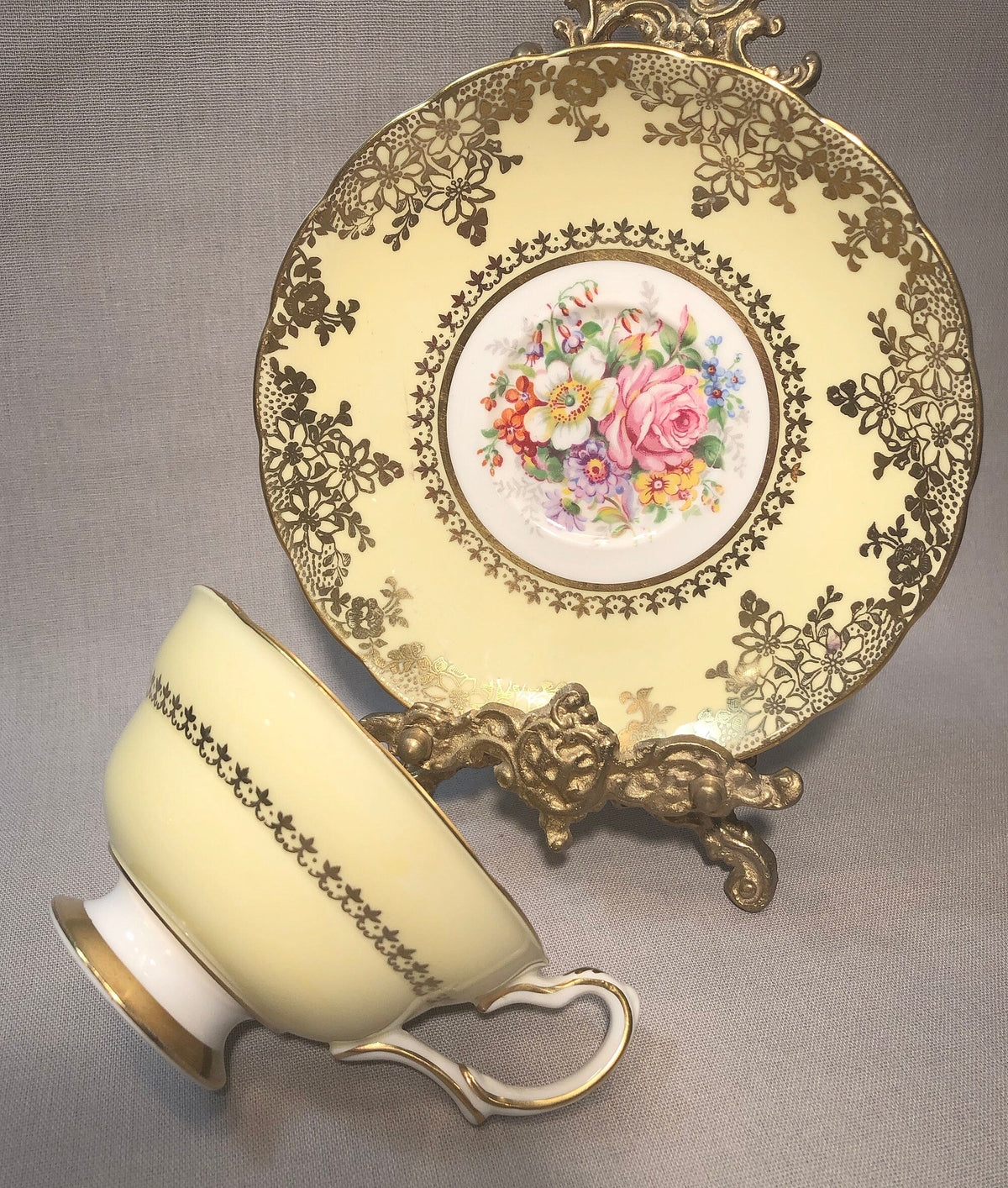 Vintage Grosvenor Tea Cup Set, Yellow Floral English Bone China