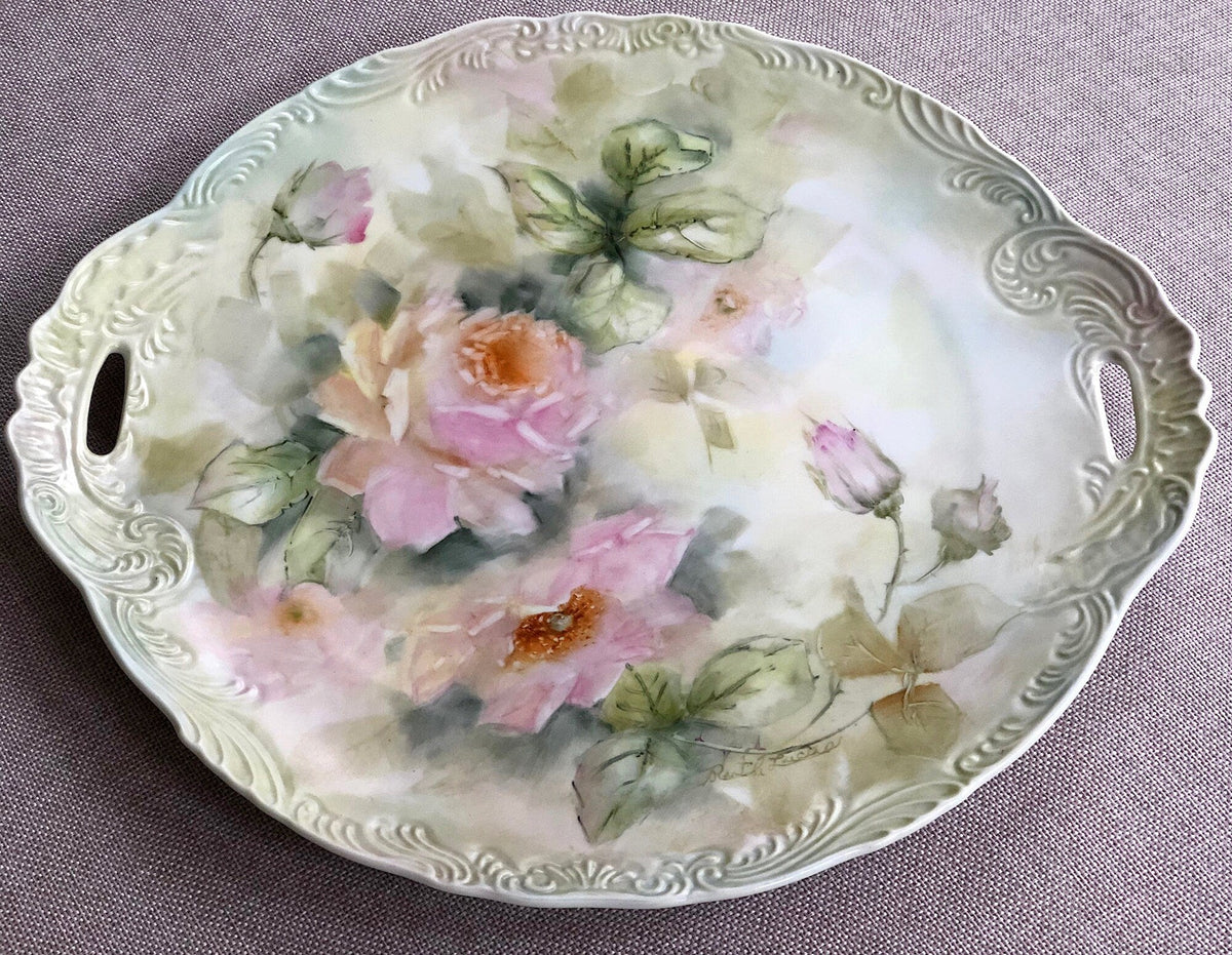 Antique Hand Painted Serving Plate with Gold Lattice. Porcelain Platter with Wild Flowers Motif.