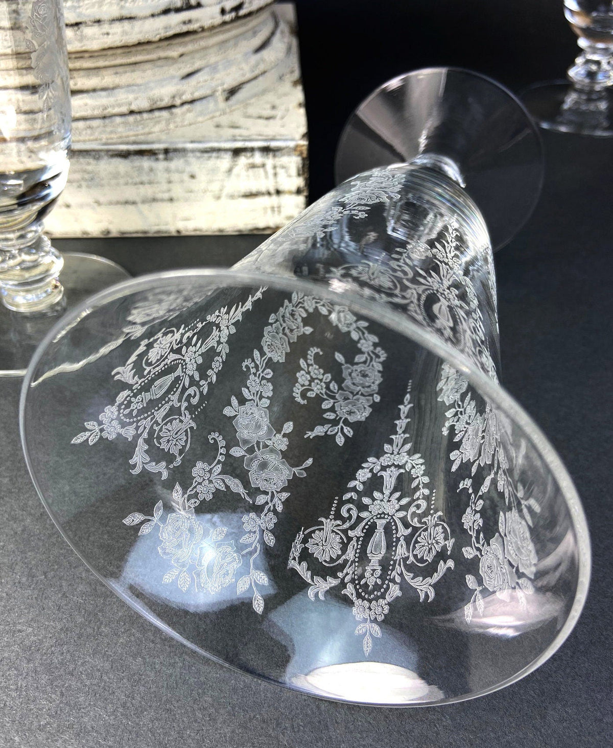 Etched Crystal Large Goblets. Set of 6 Oversized, Wine or Water Glassware. Persian Motif with Lotus. Collectible Stemware.