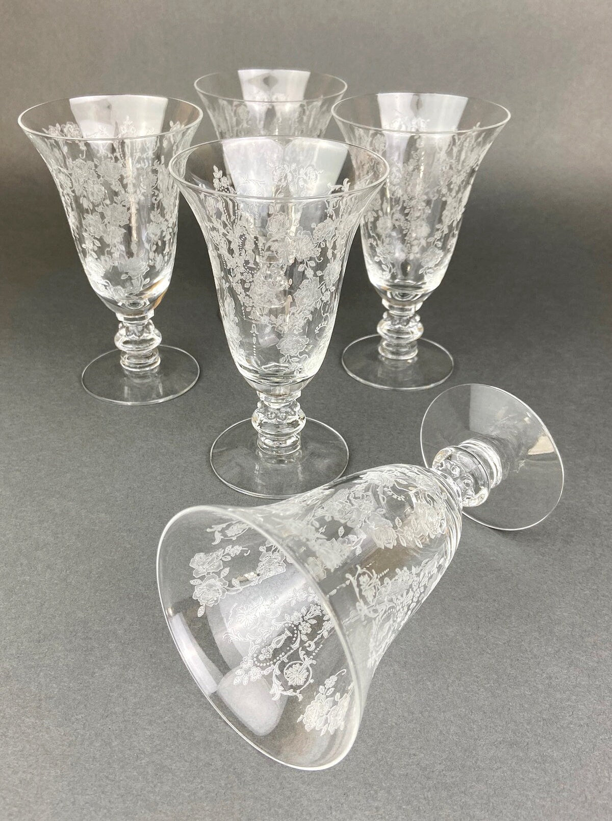 Antique Tiffin Franciscan Juice Glasses, Etched Cherokee Rose Pattern, Set of 5