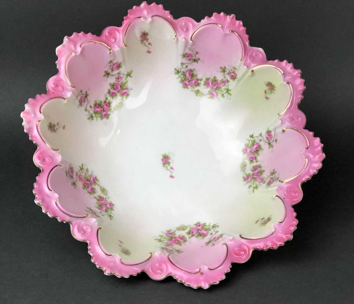 Antique M.Z. Austria Bowl with Scalloped Rim and Hand-Painted Roses