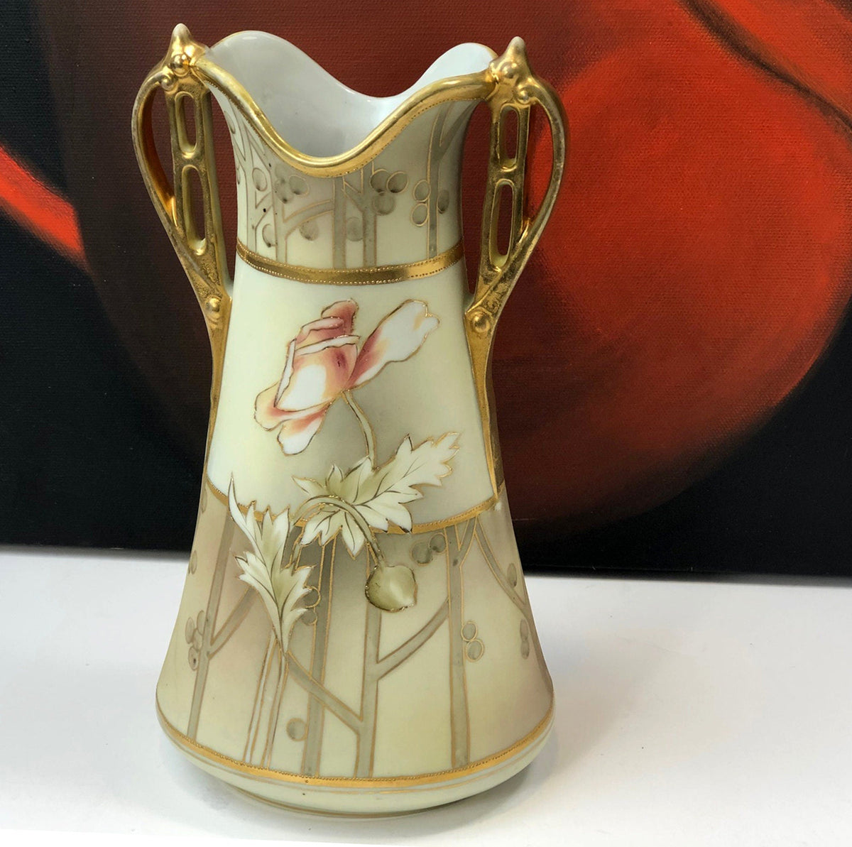 Hand Painted Art Nouveau Nippon Vase, Antique Japanese Gold Floral Urn