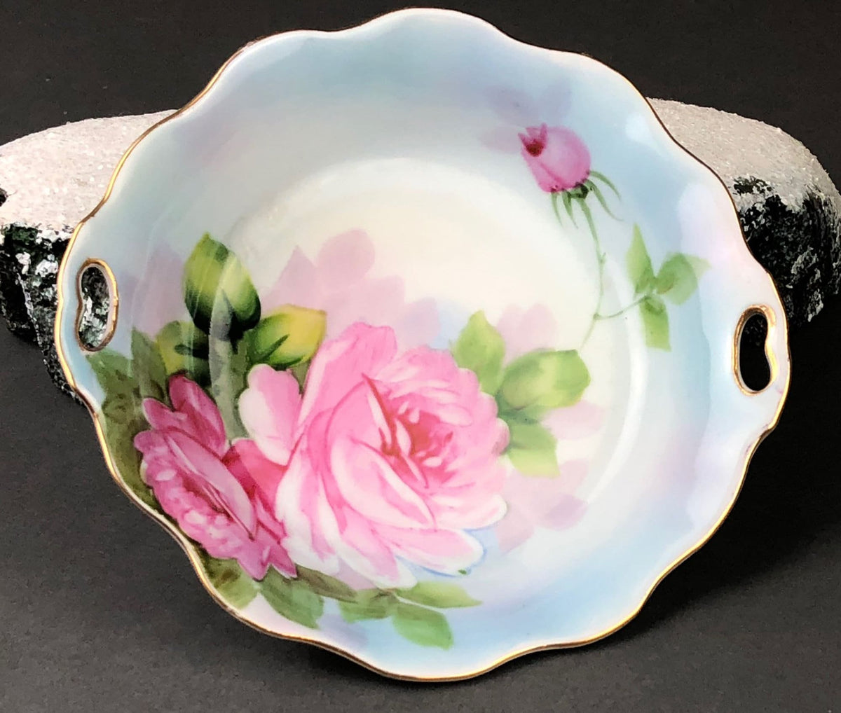 Antique Porcelain Berry Bowls in Blueberry Motif. Set of Two Small Serving Plates by Embassy Ware, Fondeville, England. Scalloped Rim.
