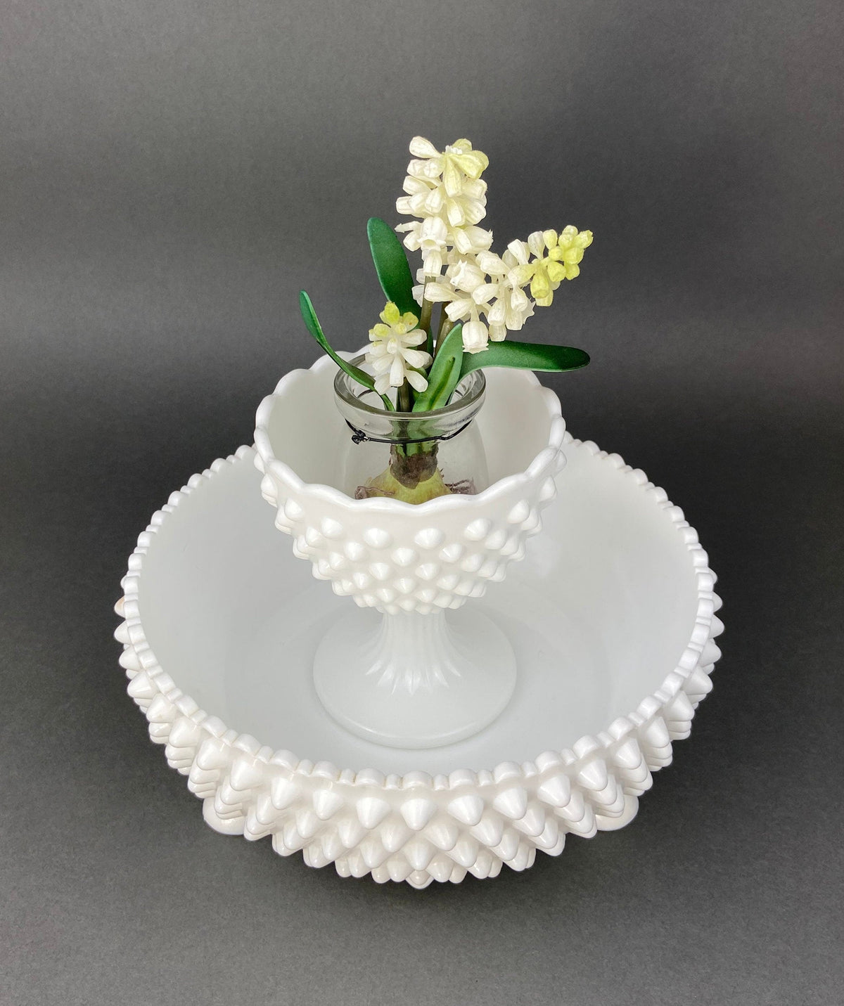 Vintage Milk Glass Footed Candy Bowl, Grape Motif, Ruffled Rim