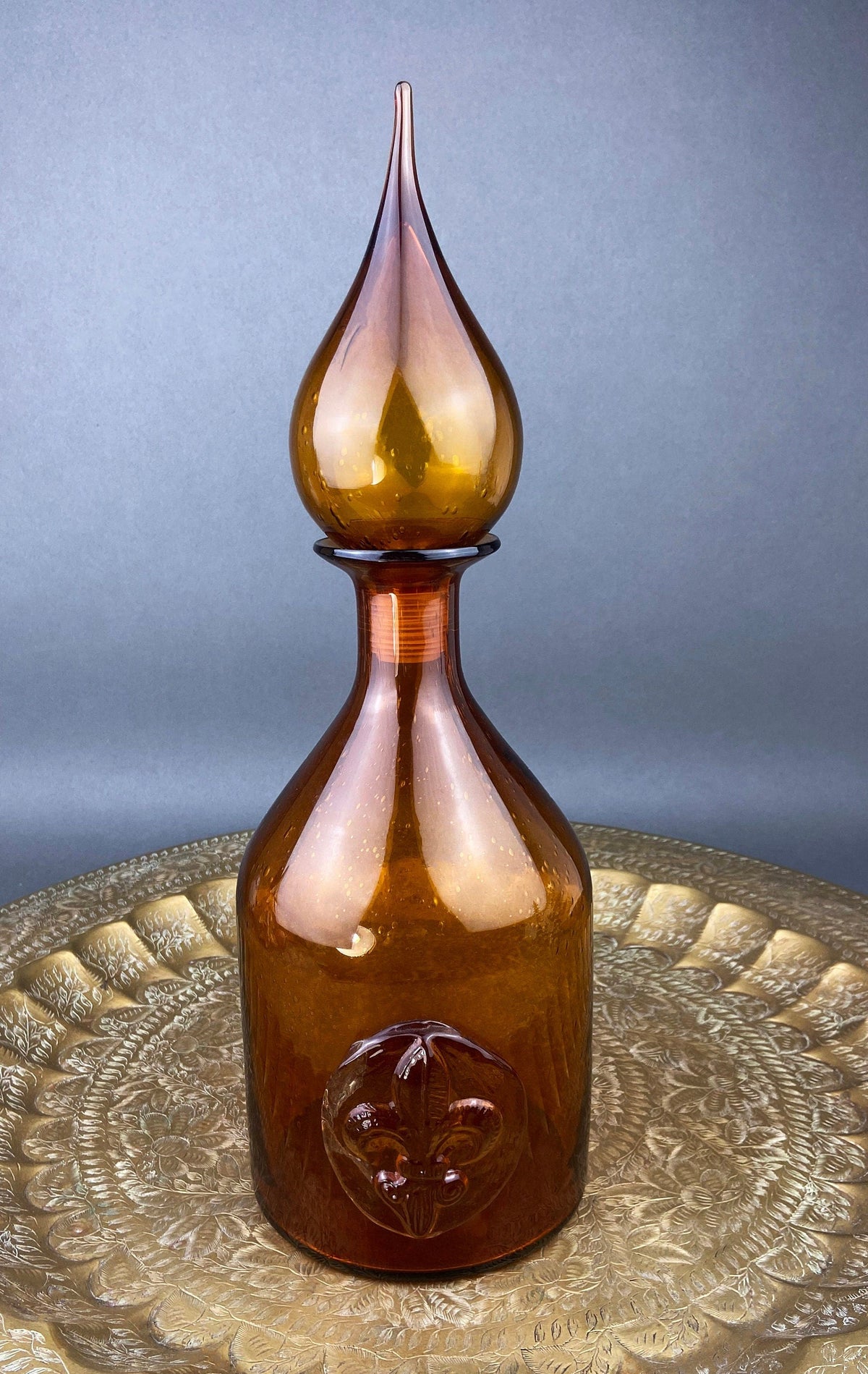 Vintage Brown Decanter with Drop Stopper, Hand Blown Glass, Fleur de Lis