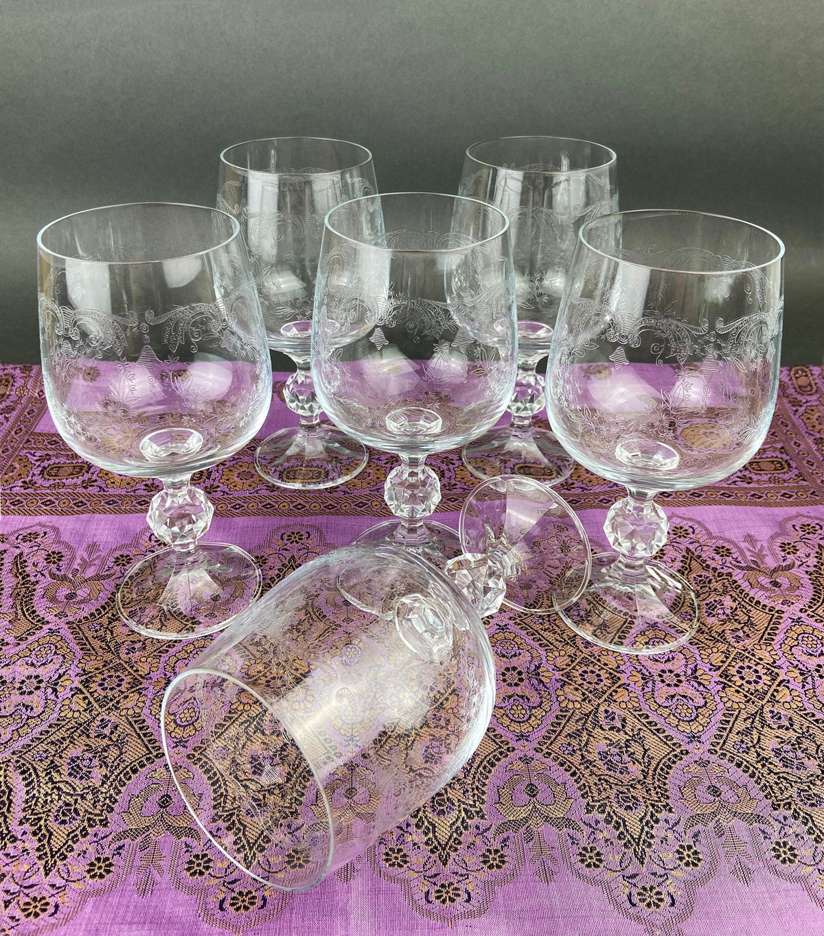 Vintage Bohemian Crystal Goblets, Queen's Lace Etched Stemware, Set of 6