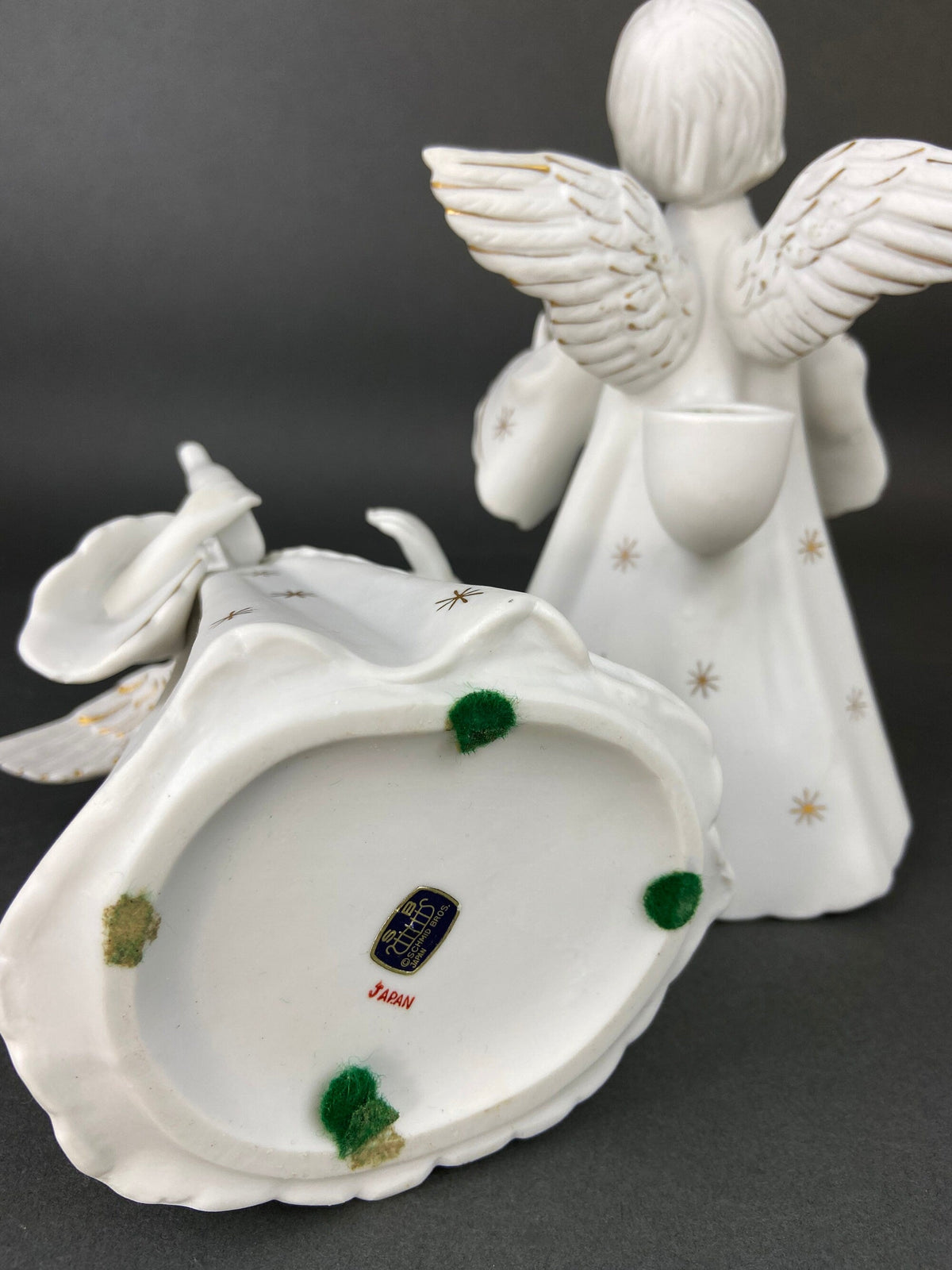 Angel Candle Stick Holders by Schmid Brothers. Set of Two Porcelain Angels Playing Harp. Made in Japan.