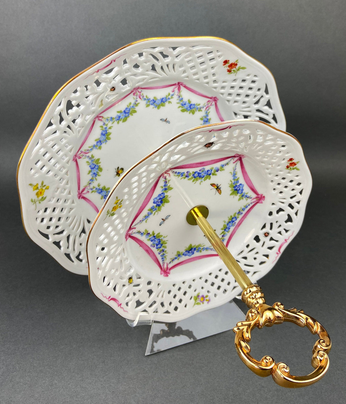 Stunning Antique Hand Painted Porcelain Bowl. Centerpiece Dish with Scalloped Edges. Gold Framework & Flowers. Dining Room Decor.