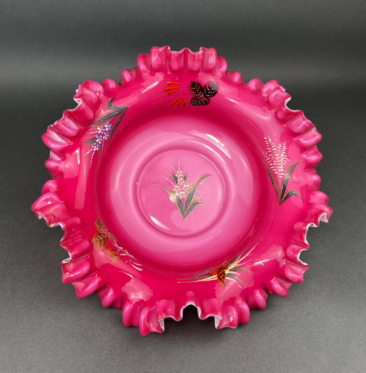 Stunning Antique Hand Painted Porcelain Bowl. Centerpiece Dish with Scalloped Edges. Gold Framework & Flowers. Dining Room Decor.