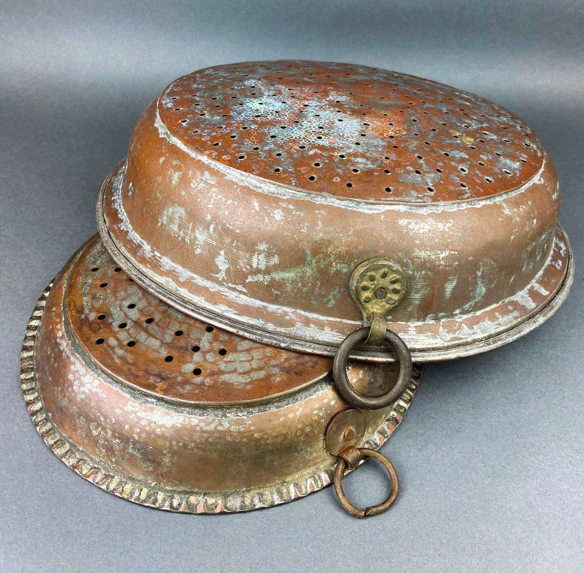 Antique Extra Large Sieves. Rustic Hand Hammered Home Decoration. Set of Two, Large, Primitive Hand Pounded Strainers