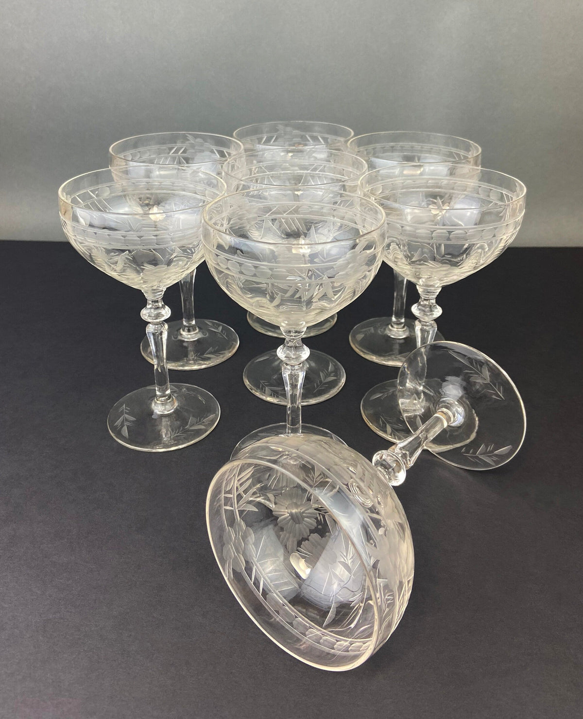 Vintage Cut Crystal Champagne Glasses, Fine Stemware, Daisy Motif, Set of 9