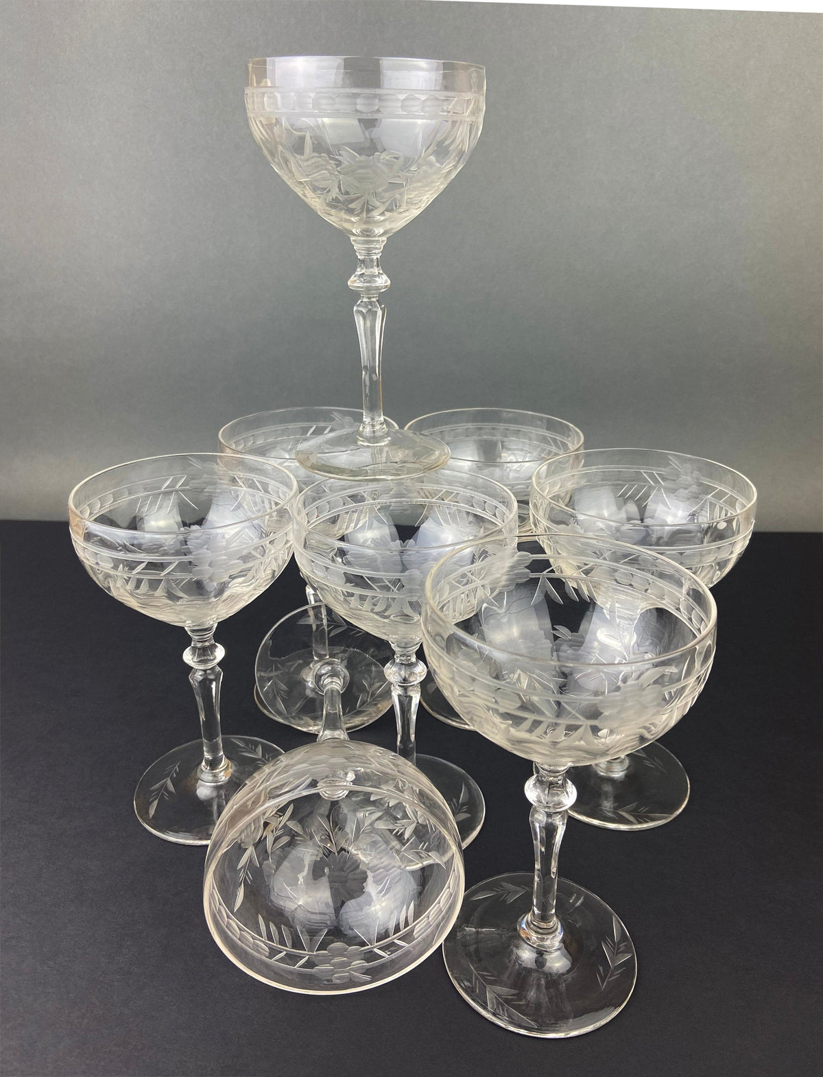 Vintage Cut Crystal Champagne Glasses, Fine Stemware, Daisy Motif, Set of 9