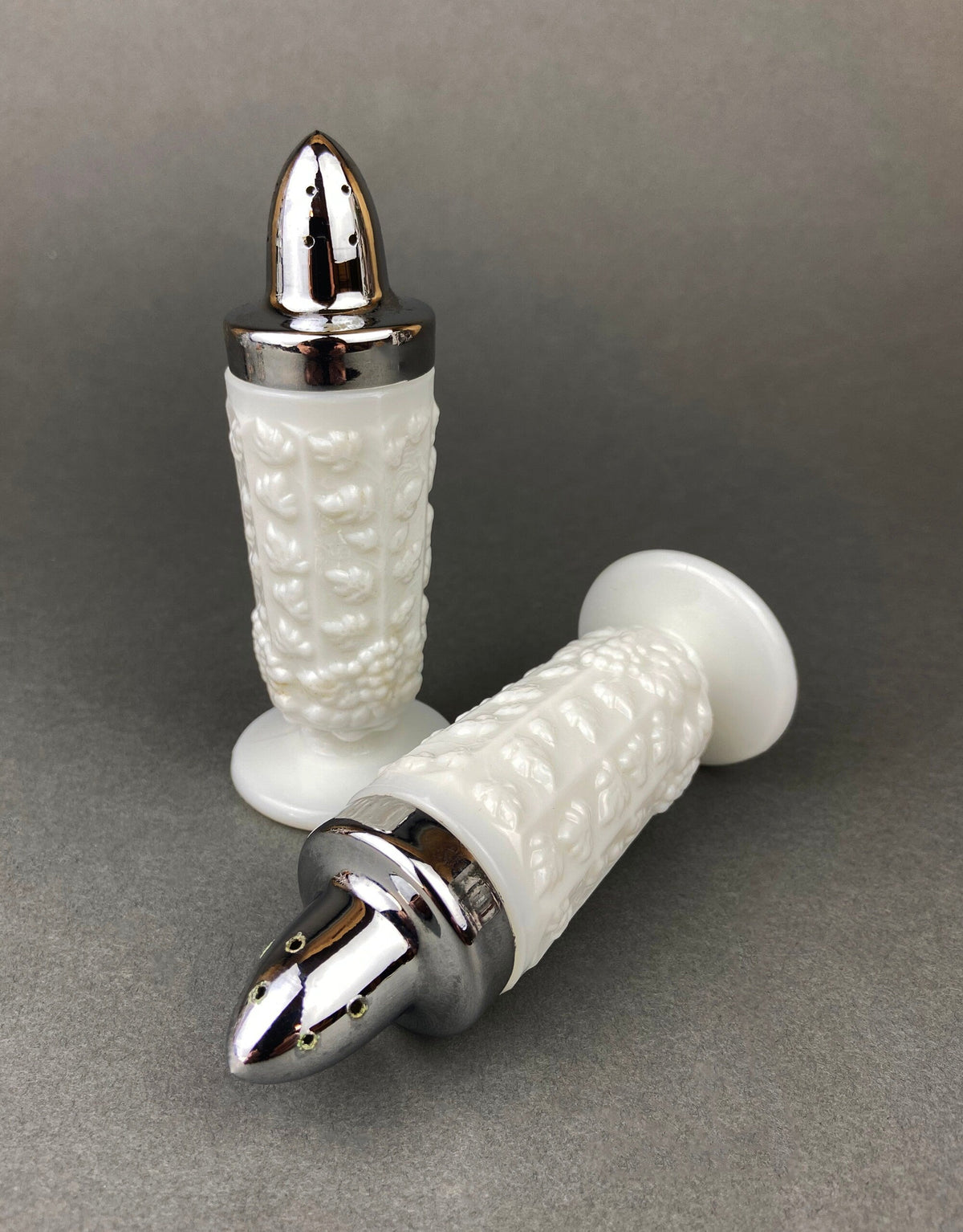 Milk Glass Salt and Pepper Shakers in Grape Vine Motif
