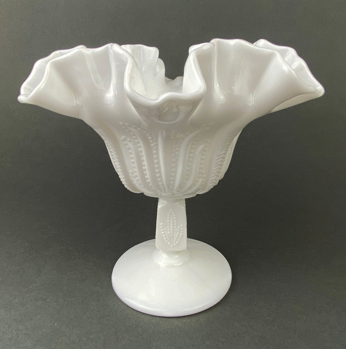 Milk Glass Candy Dish with Ruffled Edge. Vintage, Hobnail Trinket Dish. White Footed Bowl. Fine Tableware.
