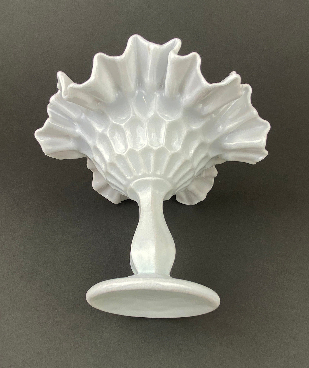 Milk Glass Candy Dish with Ruffled Edge. Vintage, Hobnail Trinket Dish. White Footed Bowl. Fine Tableware.