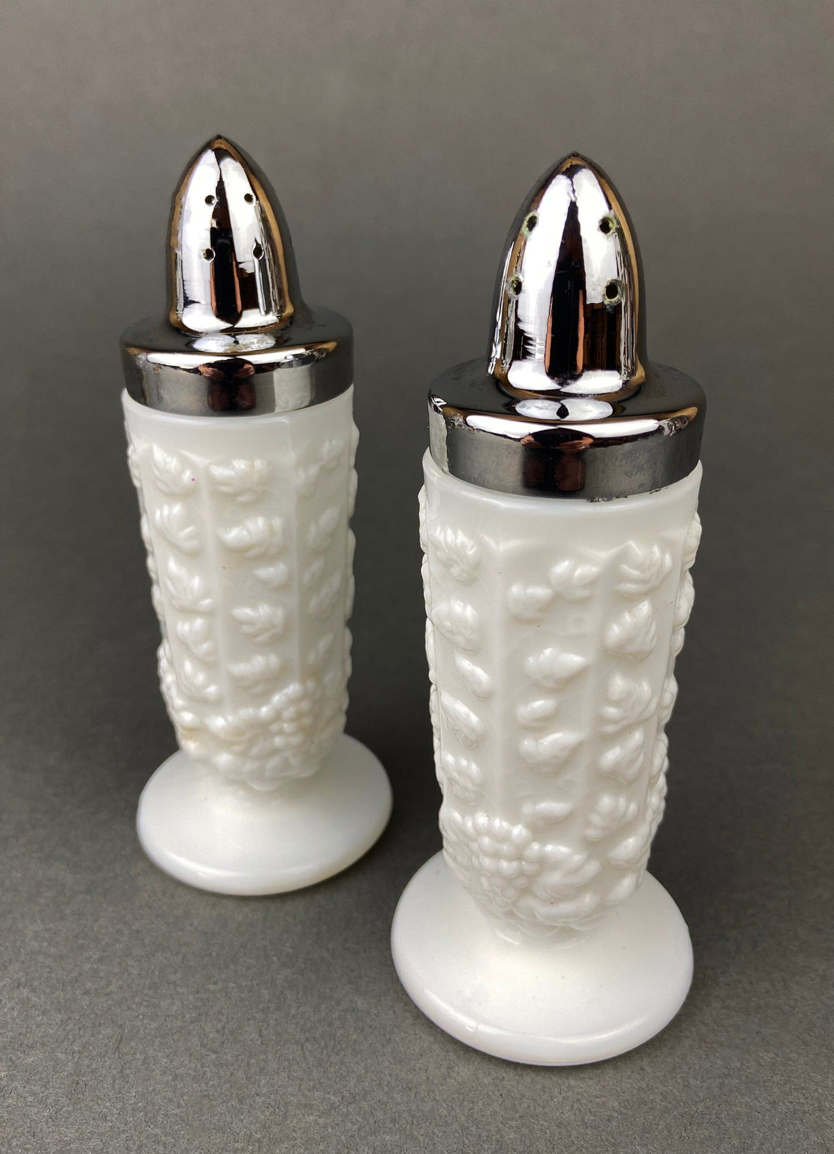 Milk Glass Salt and Pepper Shakers in Grape Vine Motif