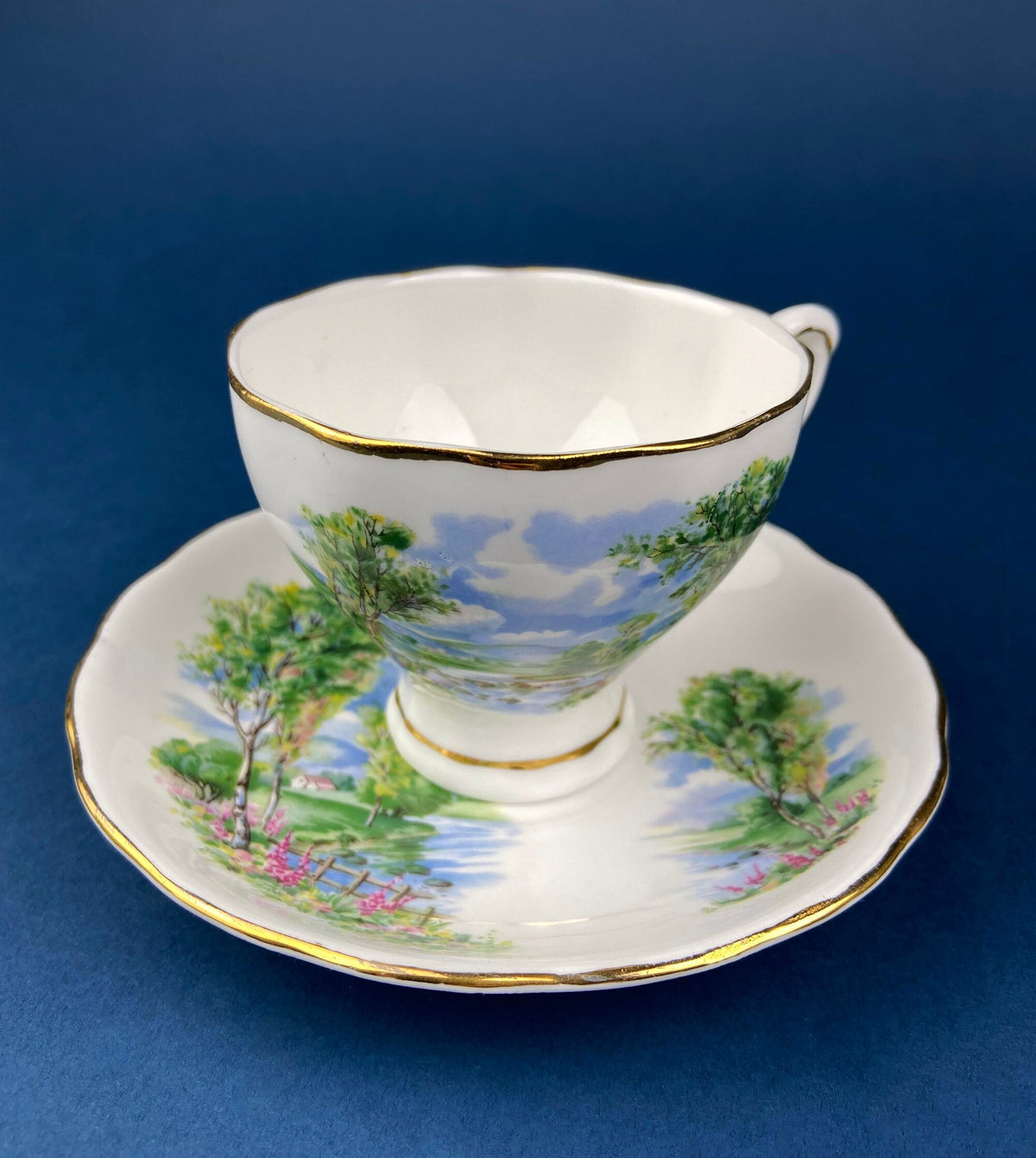 Crown Staffordshire Ellesmere Tea Cup and Saucer. Amazing Set with Repousse Detail ing, Number 14962 .